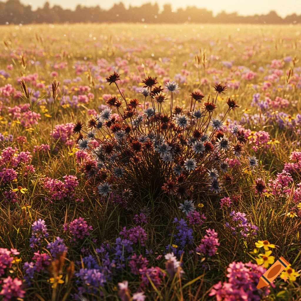 A field of colorful flowers with a central clump of darker, dead flowers under a sunny sky.