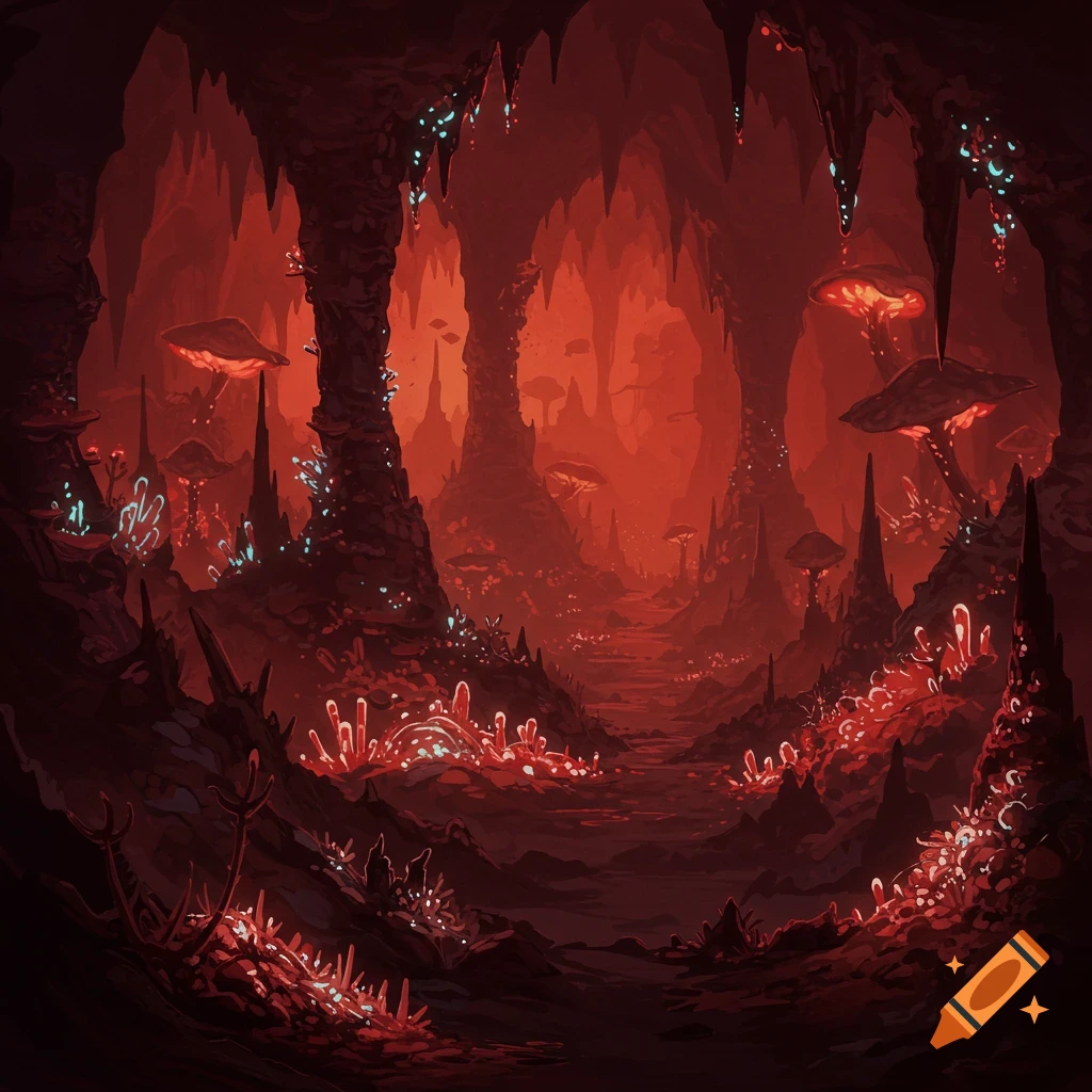 A red cave filled with glowing red mushrooms, stalactites, and crystalline growths.