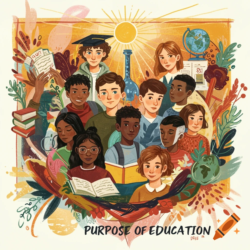 Illustration of a diverse group of students with books and globes, representing the purpose of education.
