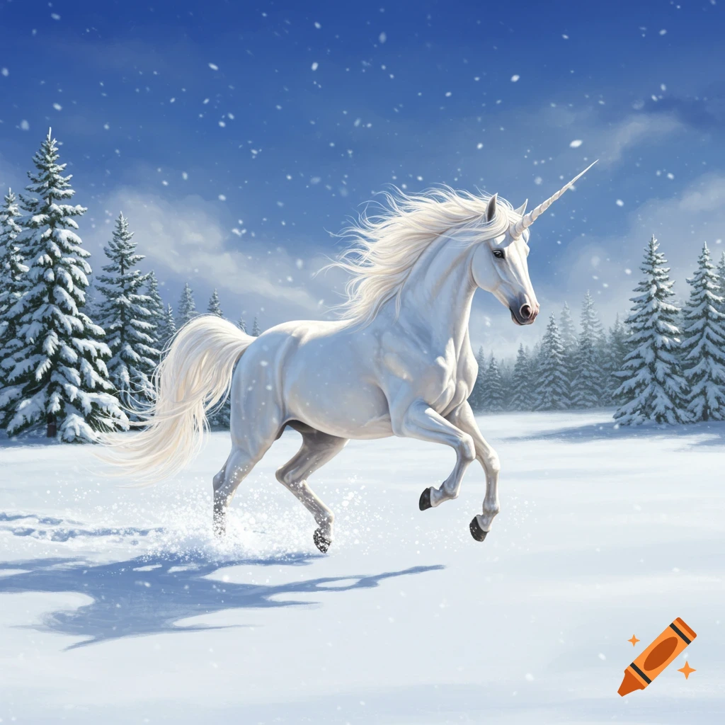 A white unicorn runs through a snowy forest as snow falls.
