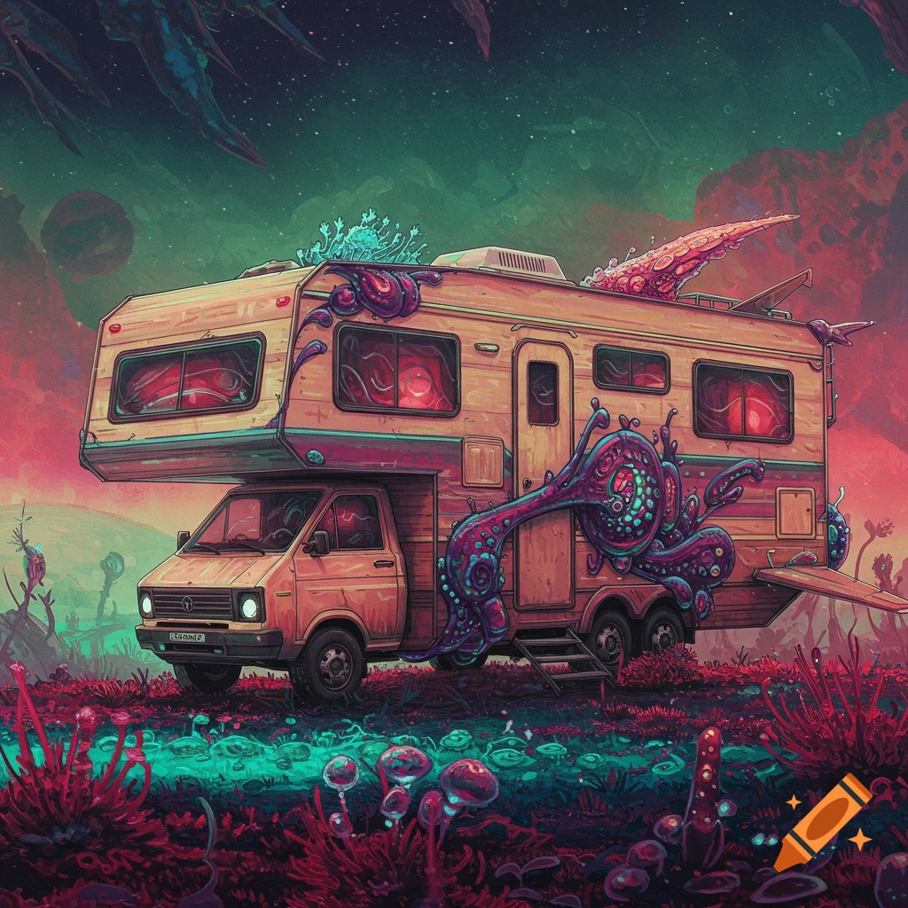 An alien RV spaceship is in a colorful, surreal alien landscape with strange plants and tentacles.