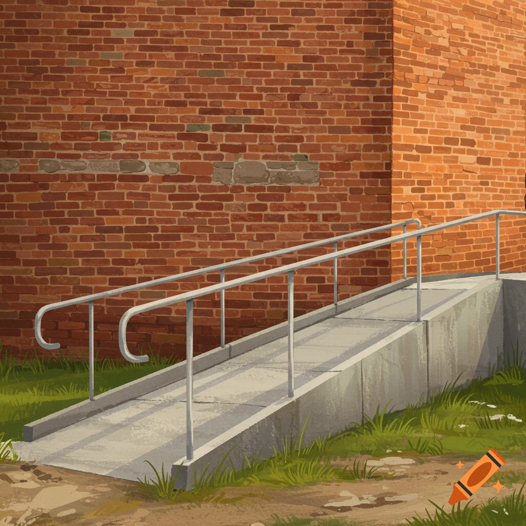 A concrete ramp with metal railings leads up to a red brick building.