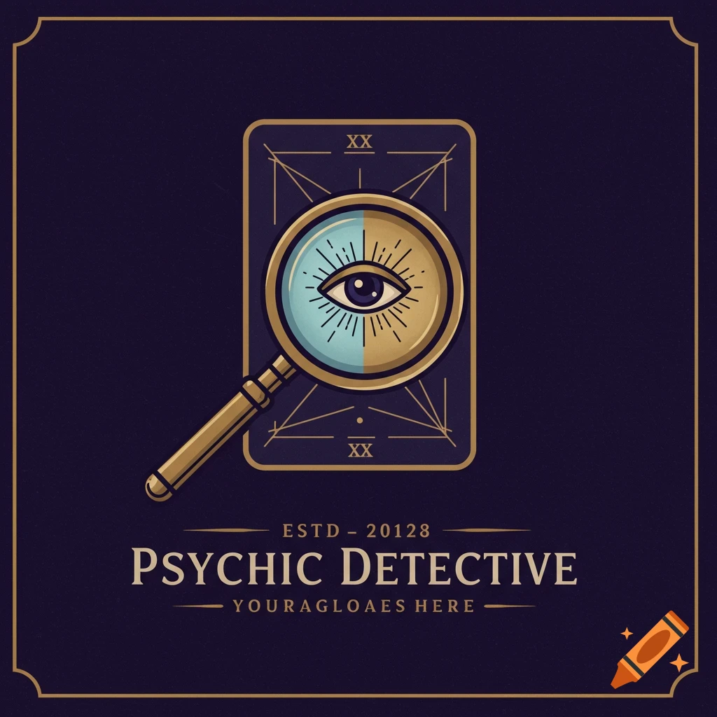 A stylized logo for Psychic Detective with an eye in a magnifying glass over a tarot card graphic.