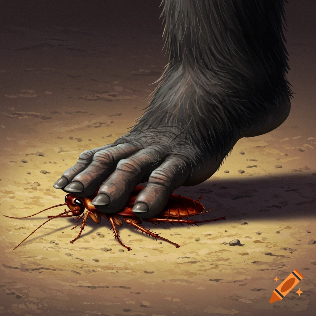 A chimp's foot steps on a cockroach.