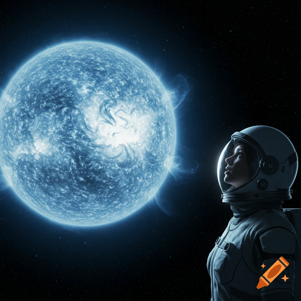 An astronaut in a spacesuit looks up at a giant blue star in the darkness of space.
