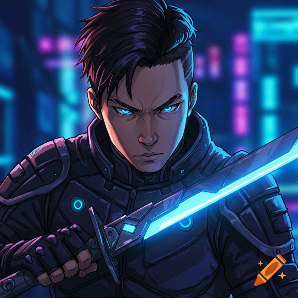 Anime style portrait of a male character in futuristic armor holding a glowing sword in a neon city.