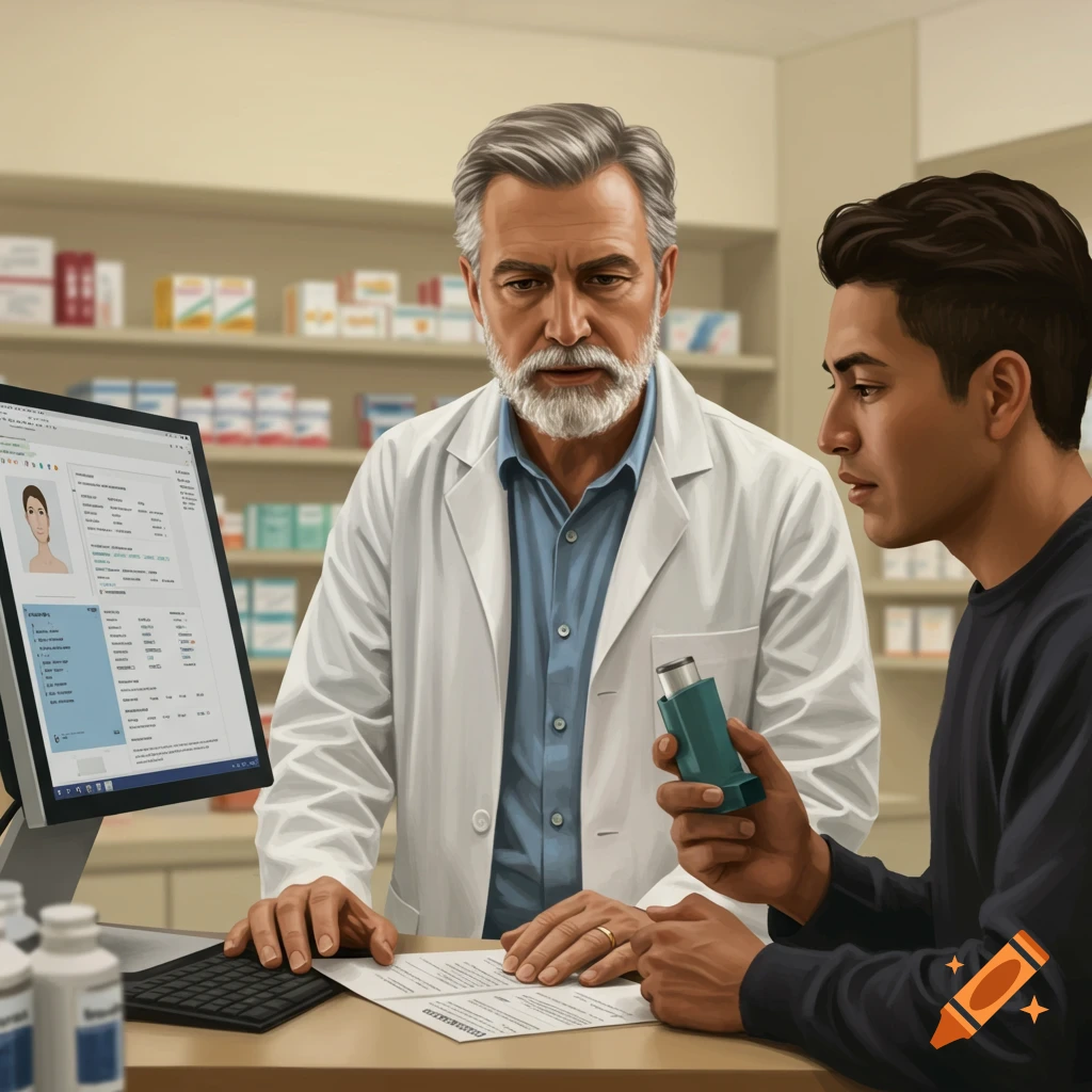 A pharmacist is talking to a patient who is holding an inhaler in a pharmacy.
