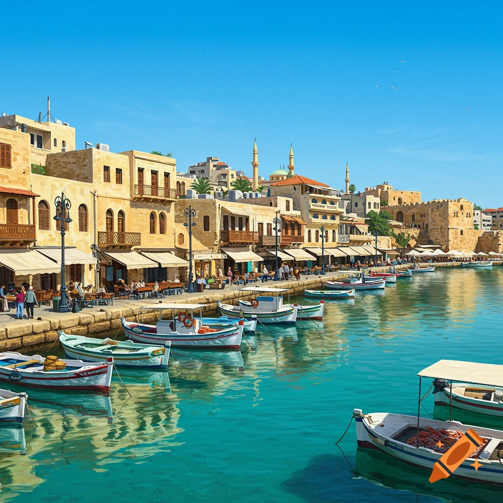 A busy harbor scene with boats docked along a stone wall, buildings with awnings, and a clear blue sky.