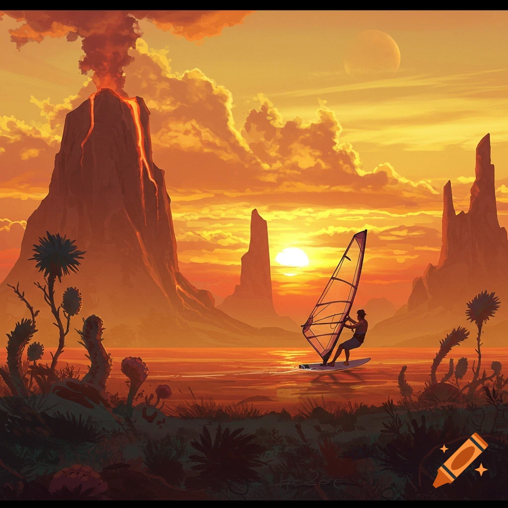 A person windsurfing on an alien planet with an erupting volcano, tall rocks, and a bright orange sky with a large sun and moon.