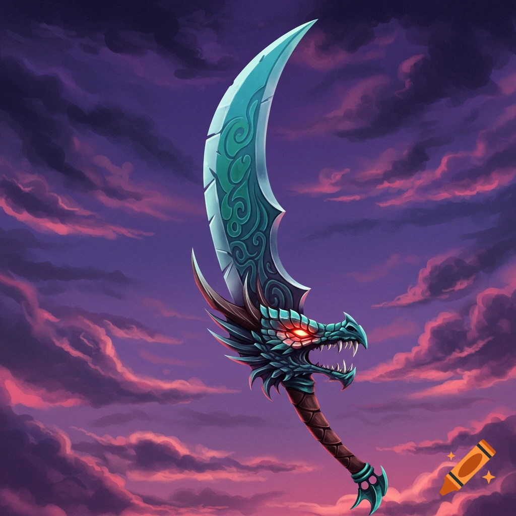 A fantasy sword with a dragon head hilt against a cloudy purple and pink sky.