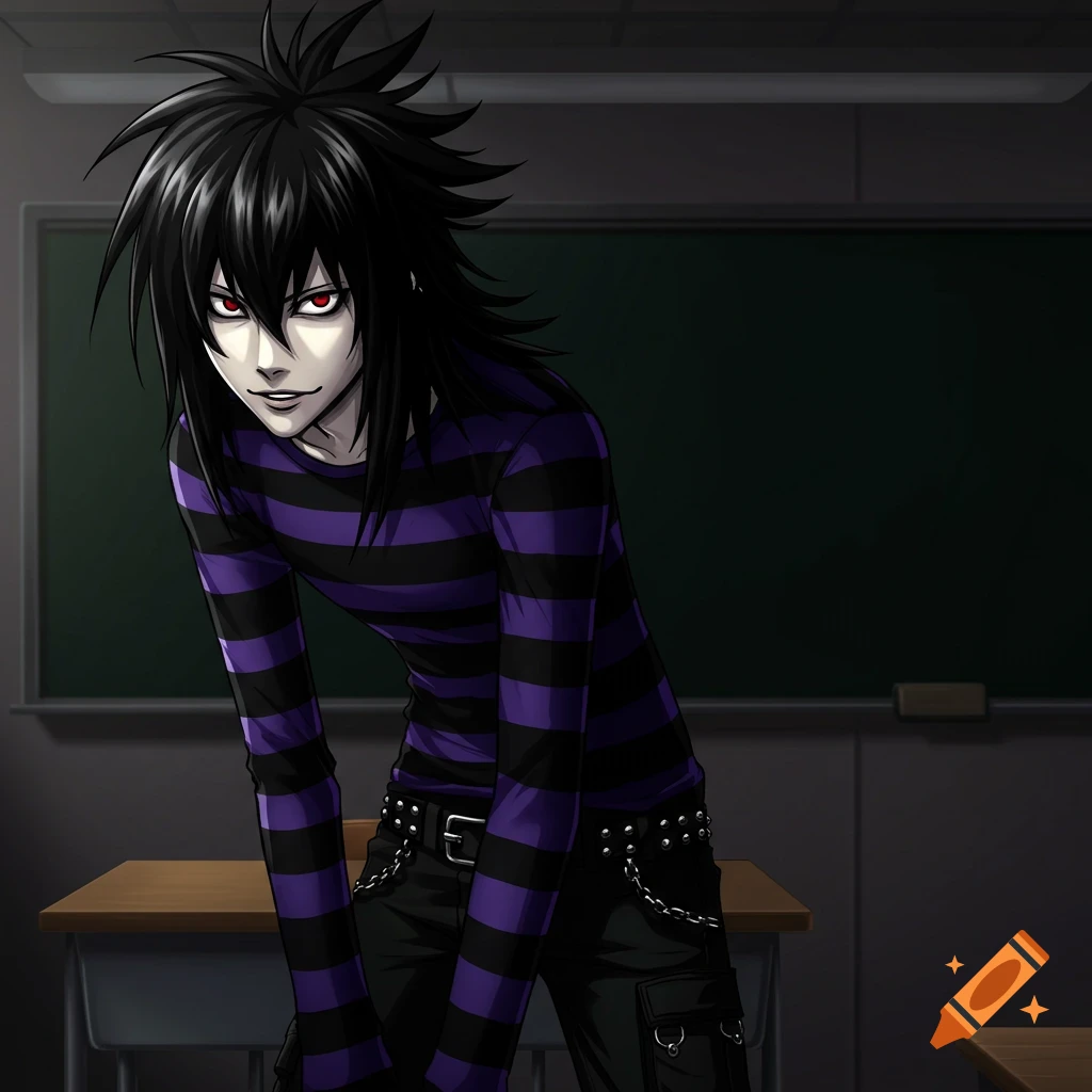 An anime character with black spiked hair and a purple and black striped shirt stands in a classroom.