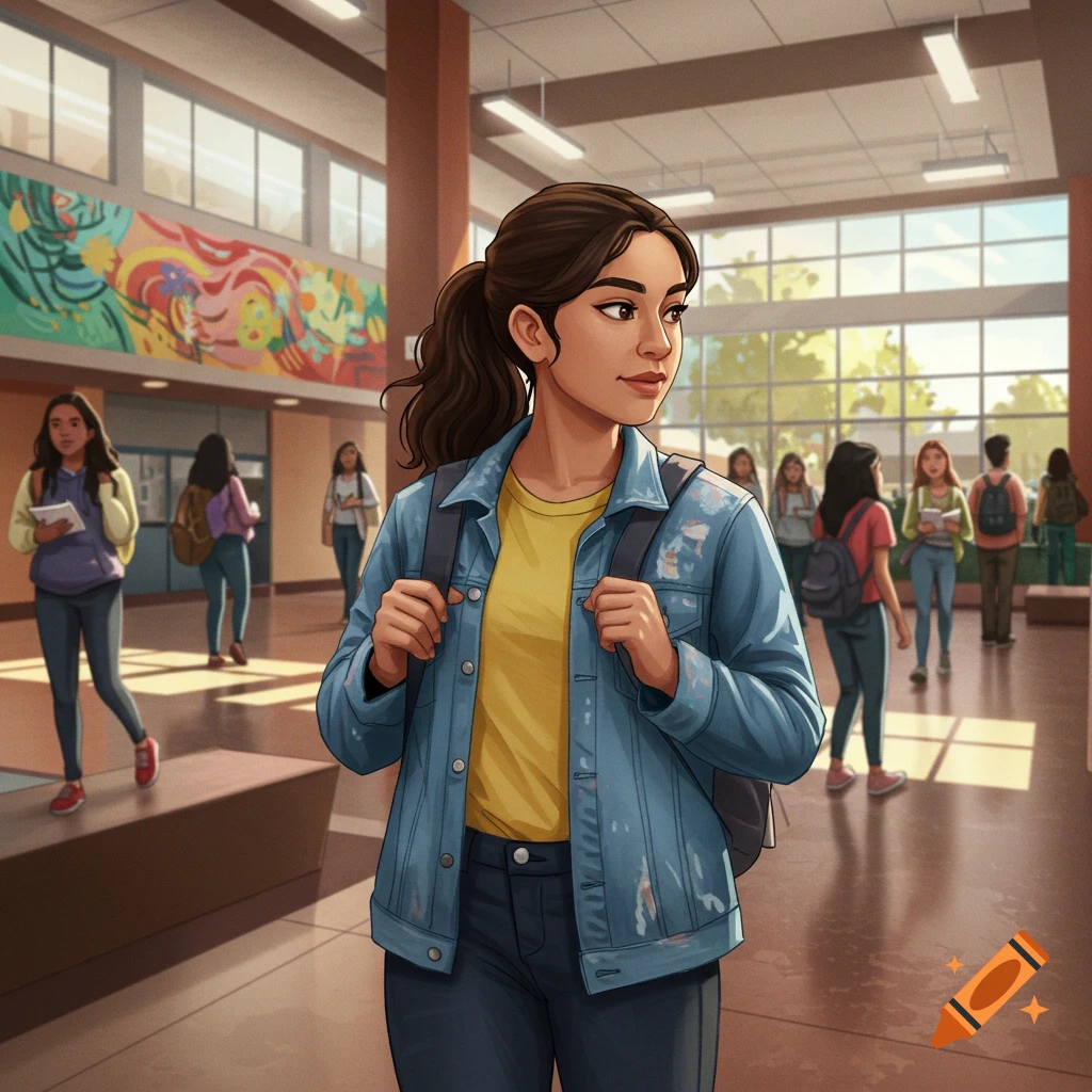 A female college student with a backpack walks in a busy college hallway.