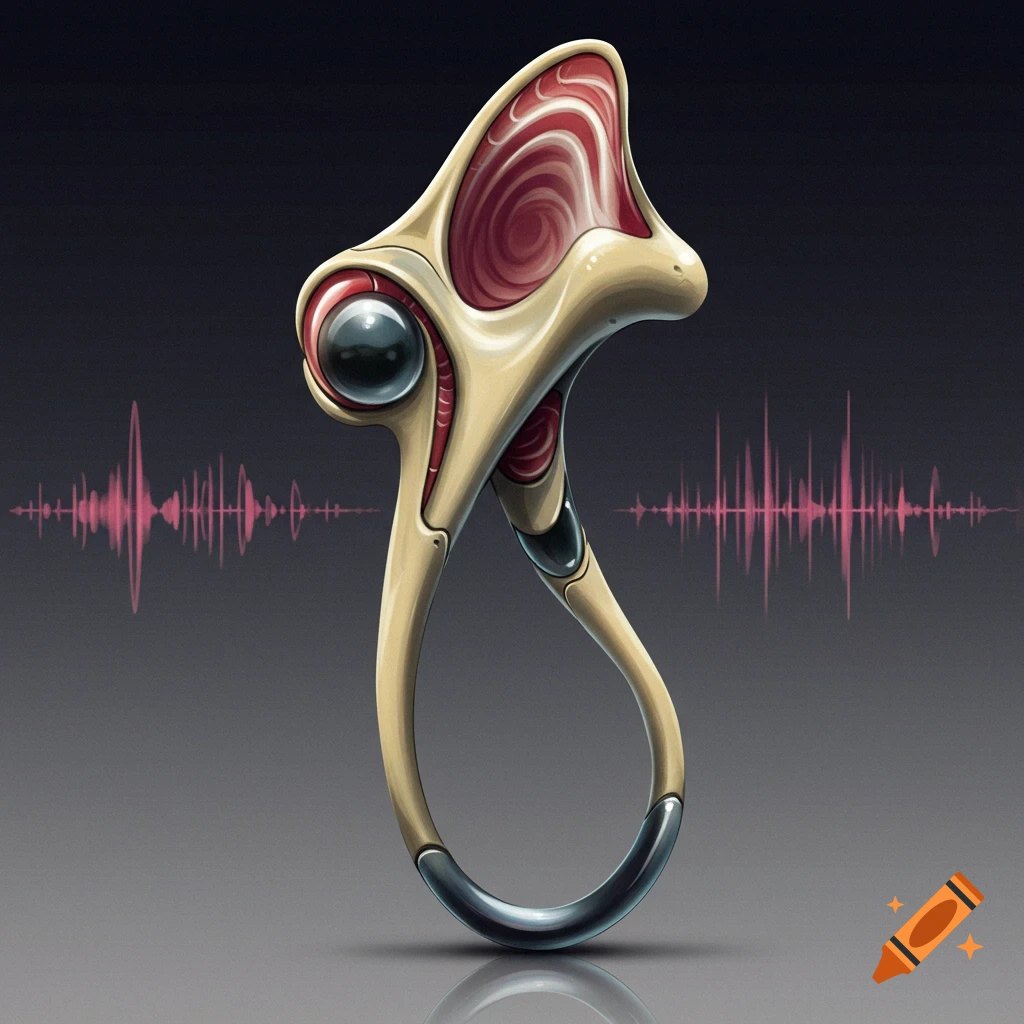 A biomechanical structure resembling a stirrup-shaped bone sits above a reflection, with pink sound waves on a dark background.