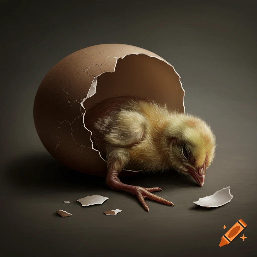 A baby chicken is peeking out of a broken eggshell.