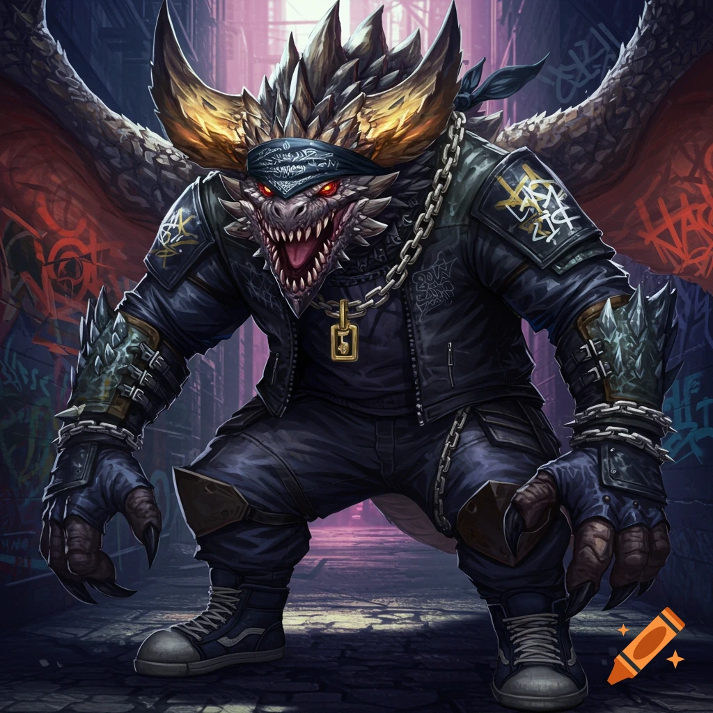 A large, monstrous creature with horns and scales wears a leather jacket, bandana, and jeans in an urban alley with graffiti.