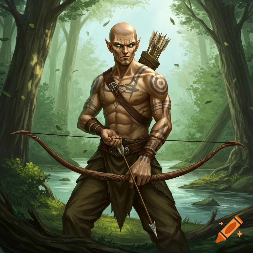 A bald wood elf with tribal tattoos holds a bow and arrow in a forest setting by a river.