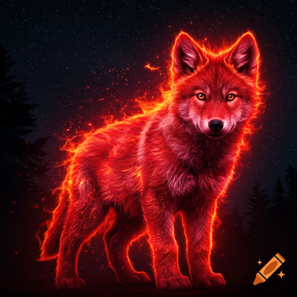 A glowing red wolf made of fire stands under a starry night sky.