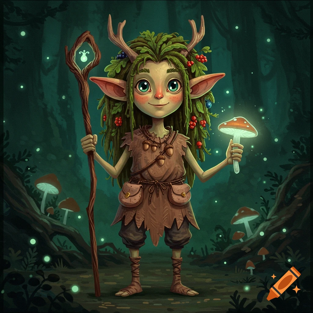 A cute fantasy creature with leafy hair holds a staff and glowing mushroom in a dark forest.