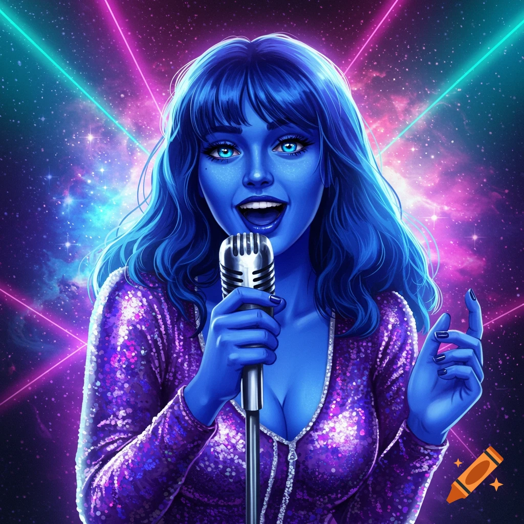 A blue-skinned woman sings into a microphone against a starry space background with neon laser lights.