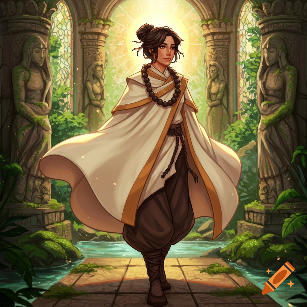 Image of a human monk walking through overgrown temple ruins.