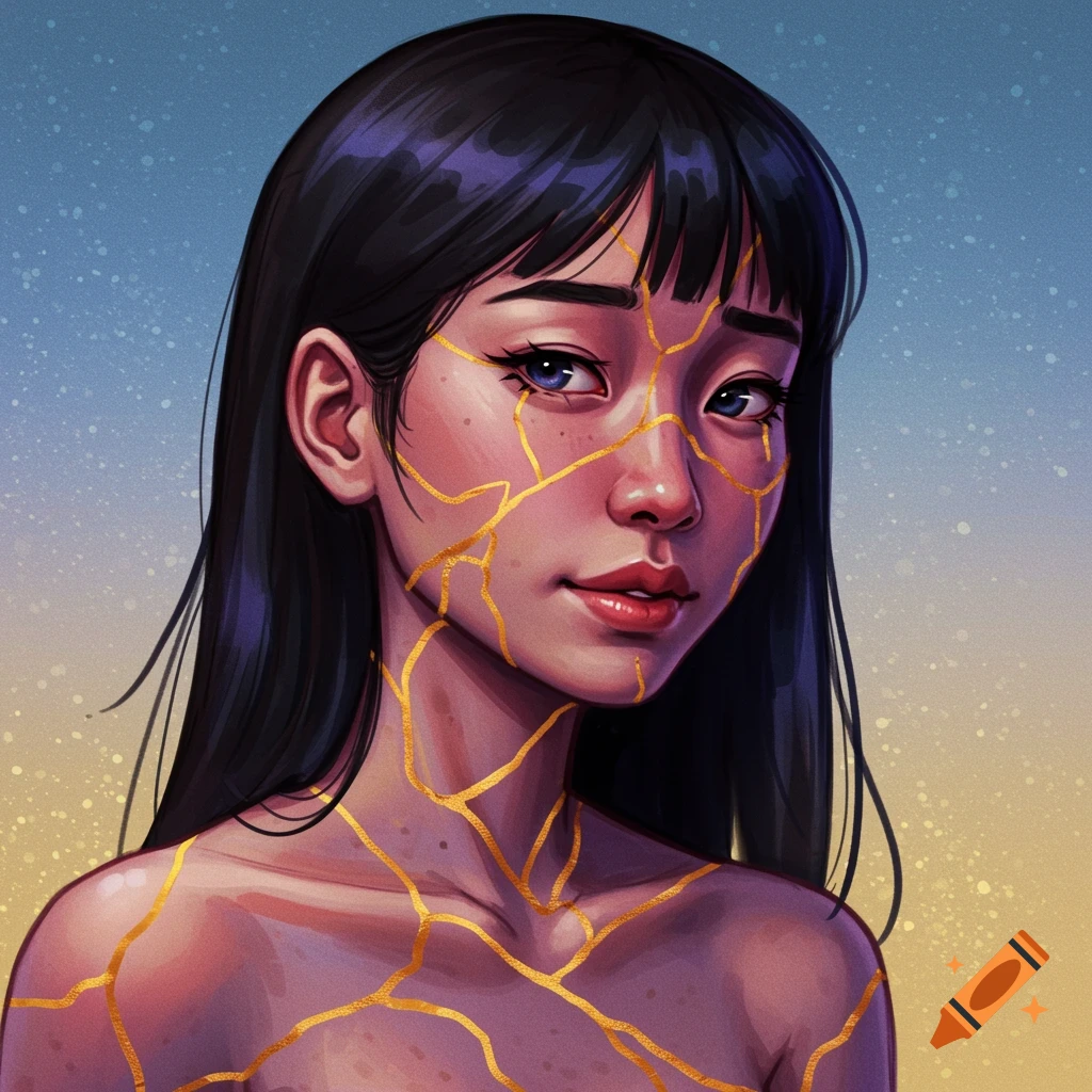 A young woman with gold kintsugi patterns across her face, neck, and shoulders, set against a blue and gold background.