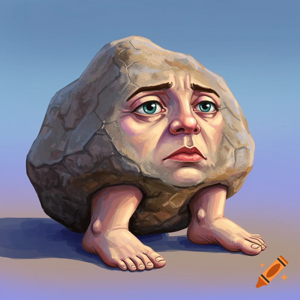 A sad-faced boulder with bare feet stands on a surface.