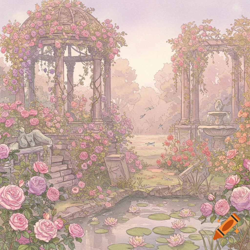 Pastel watercolor painting of a rose garden with old architecture, a gazebo, fountain, pond, and lily pads.