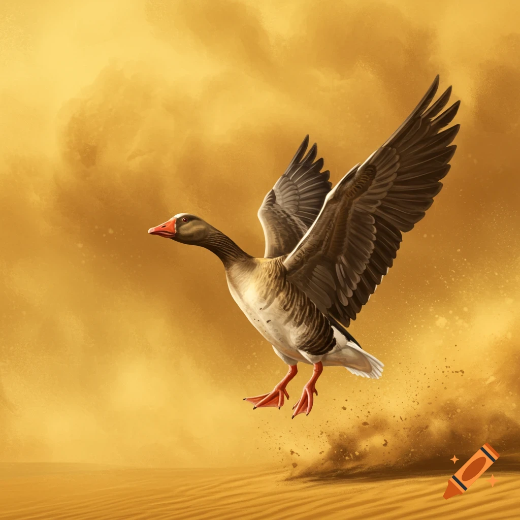 A goose flying over sand with swirling dust.