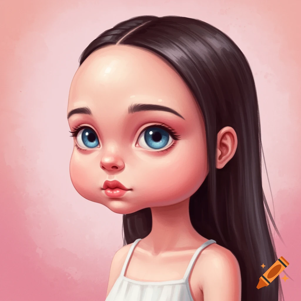 Portrait of a young girl with a large forehead and blue eyes, against a pink background.