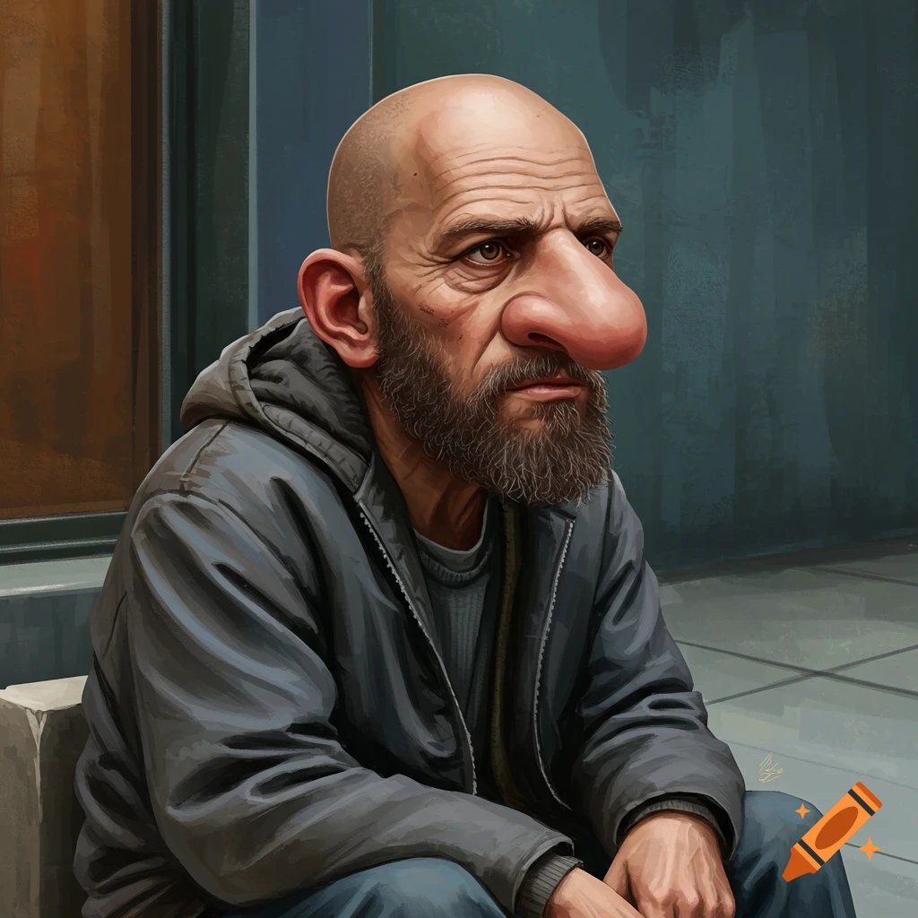 A bald man with a large nose is sitting