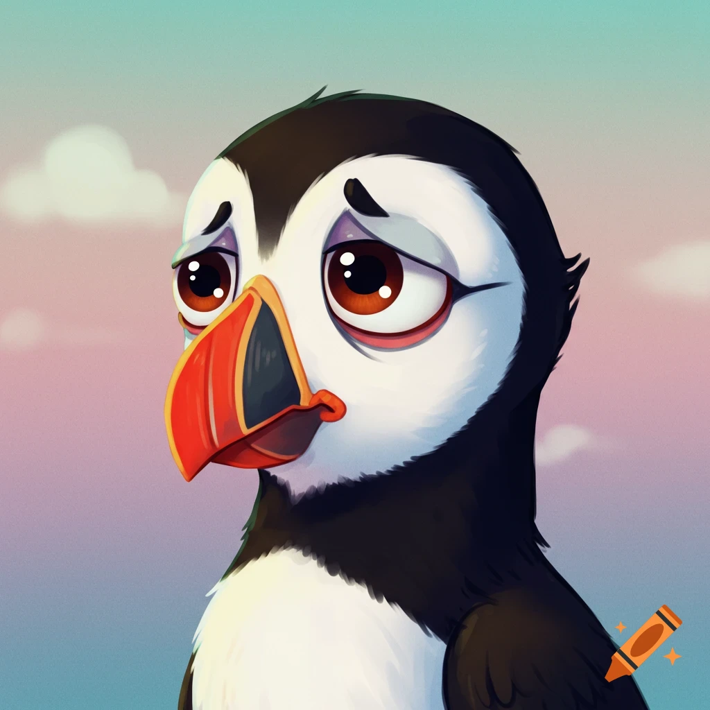 A cartoon Atlantic puffin looking sad.