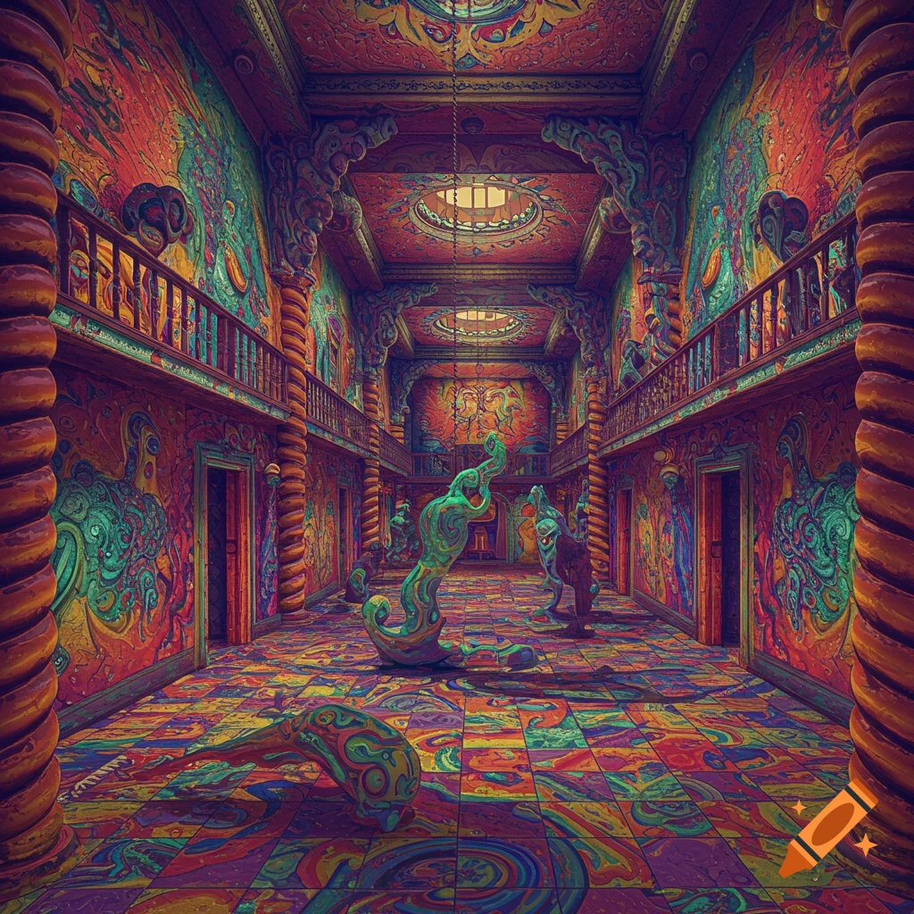 A psychedelic hallway in a trippy asylum, filled with vibrant colors and abstract patterns.