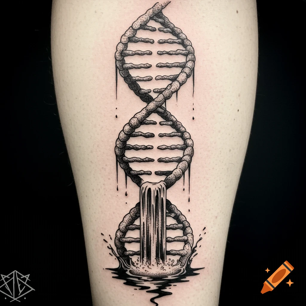 Black ink tattoo of a DNA double helix with a waterfall pouring from the bottom.