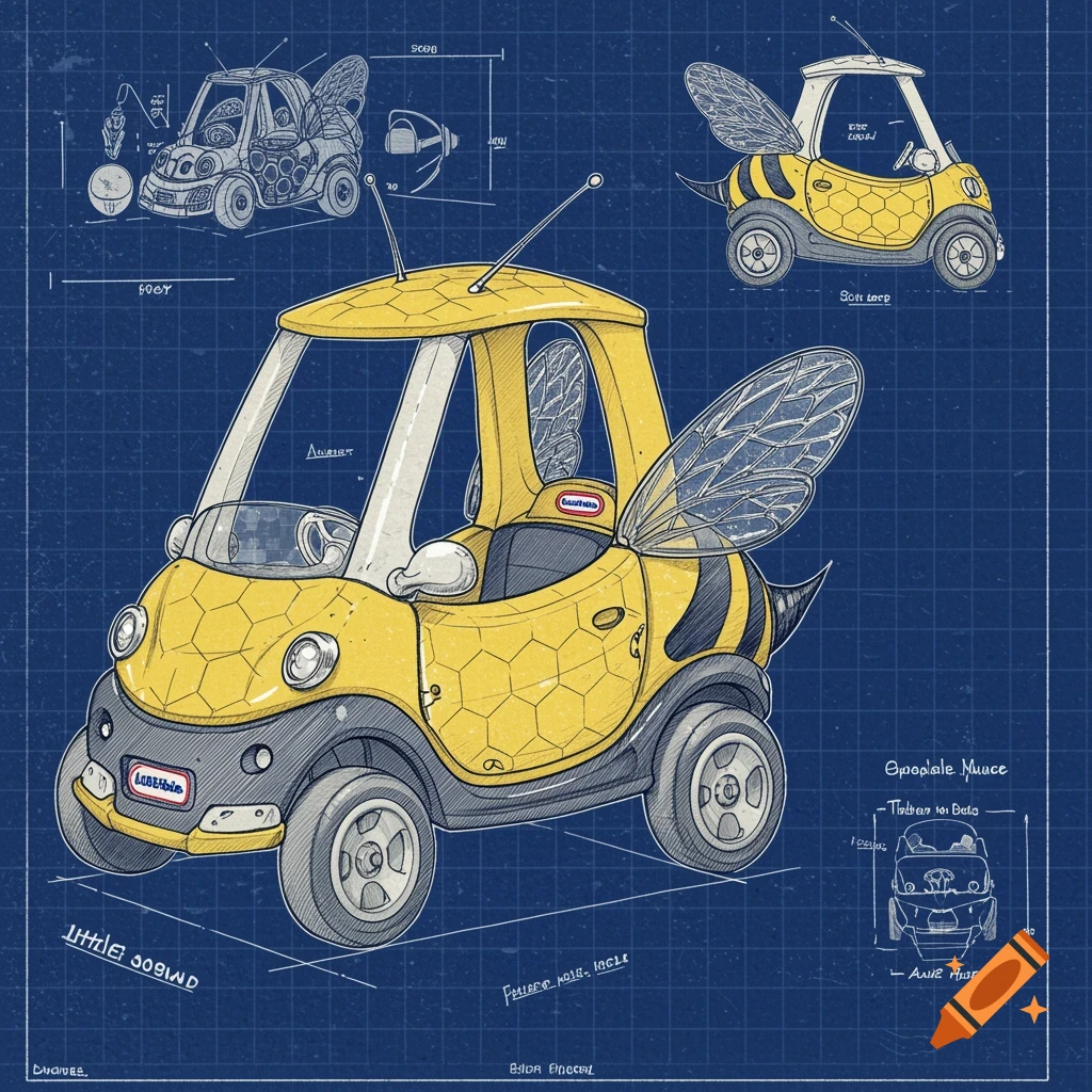Technical blueprint sketch of a Little Tikes Cozy Coupe car designed as a bumblebee.