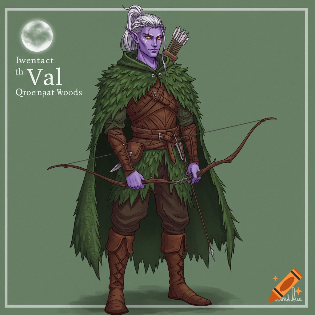 Image of a purple-skinned elf archer in leaf armor holding a bow, with text and a moon in the background.