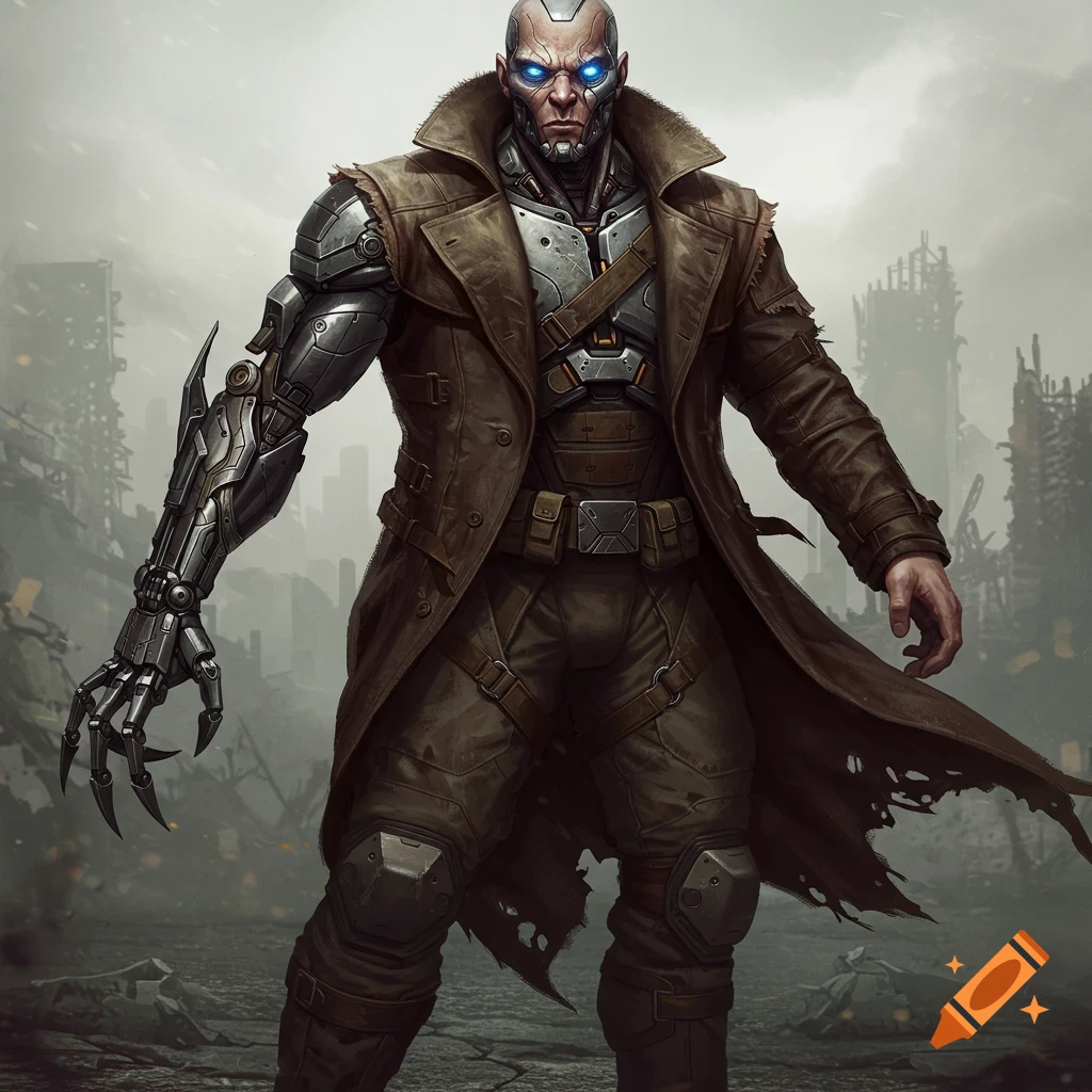 A cyborg man in a trench coat stands in ruins.
