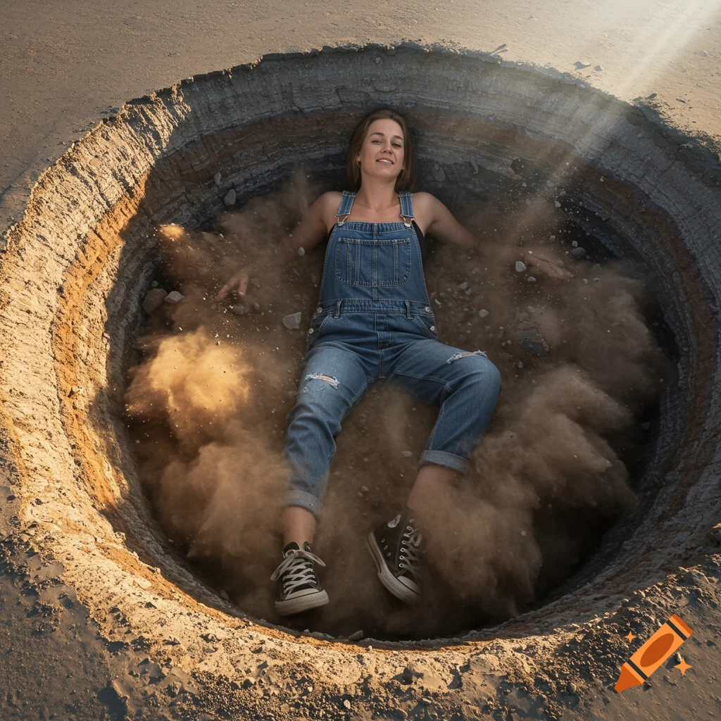 A woman in denim overalls and sneakers lies in a large, deep hole in the ground, surrounded by kicked-up dust.