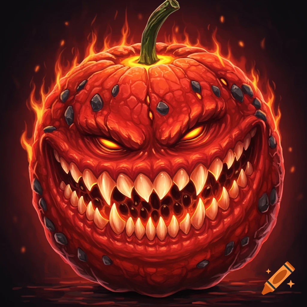 A scary, fiery orange pumpkin or fruit with sharp teeth and glowing eyes.