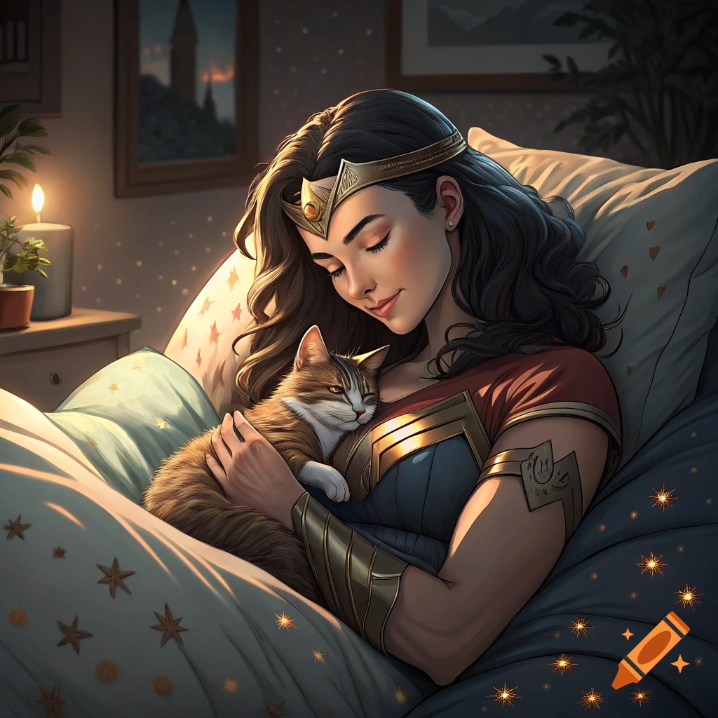 Wonder Woman lies in bed, holding a sleeping cat close.