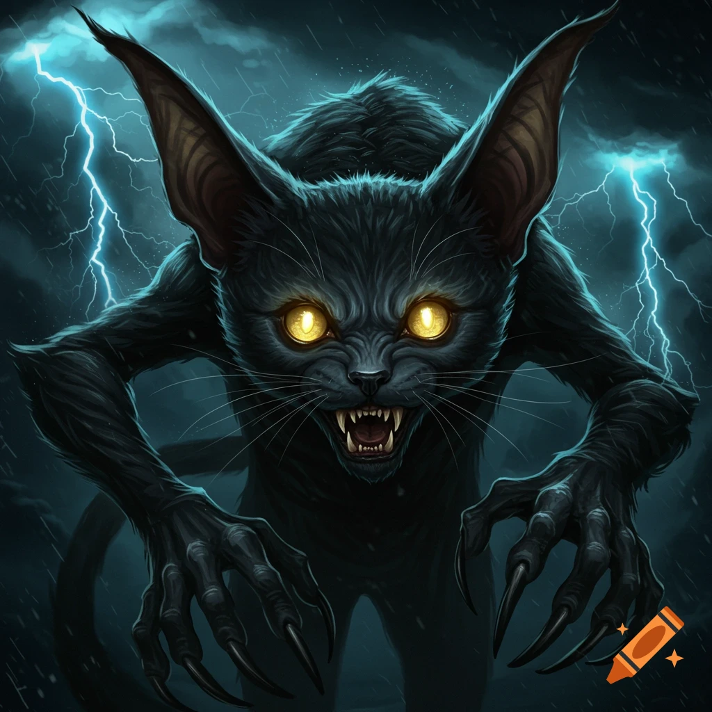 A scary black cat creature with large ears, glowing yellow eyes, and sharp claws against a stormy sky with lightning.