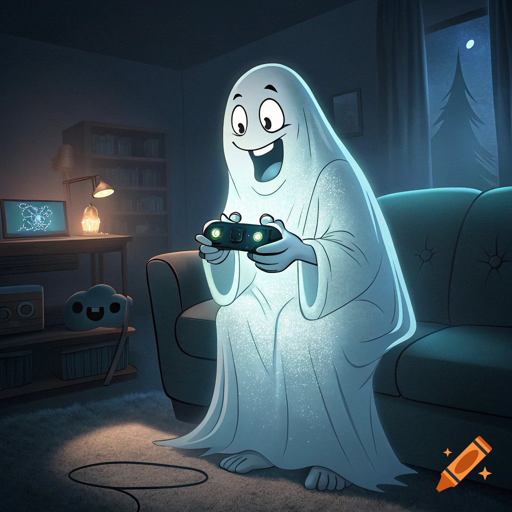 Cartoon ghost sits on a couch playing a video game controller in a dimly lit room.