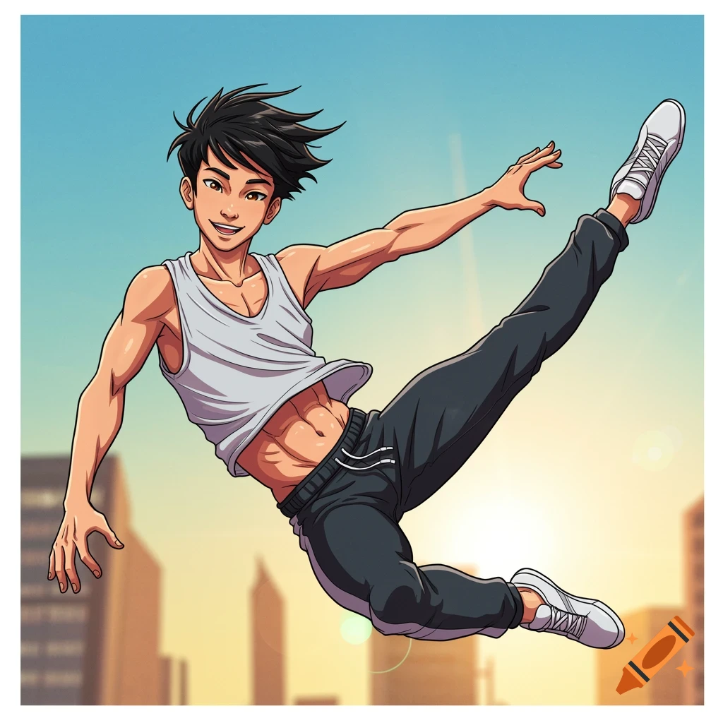 Teenage boy doing a parkour jump over a city in comic art style.
