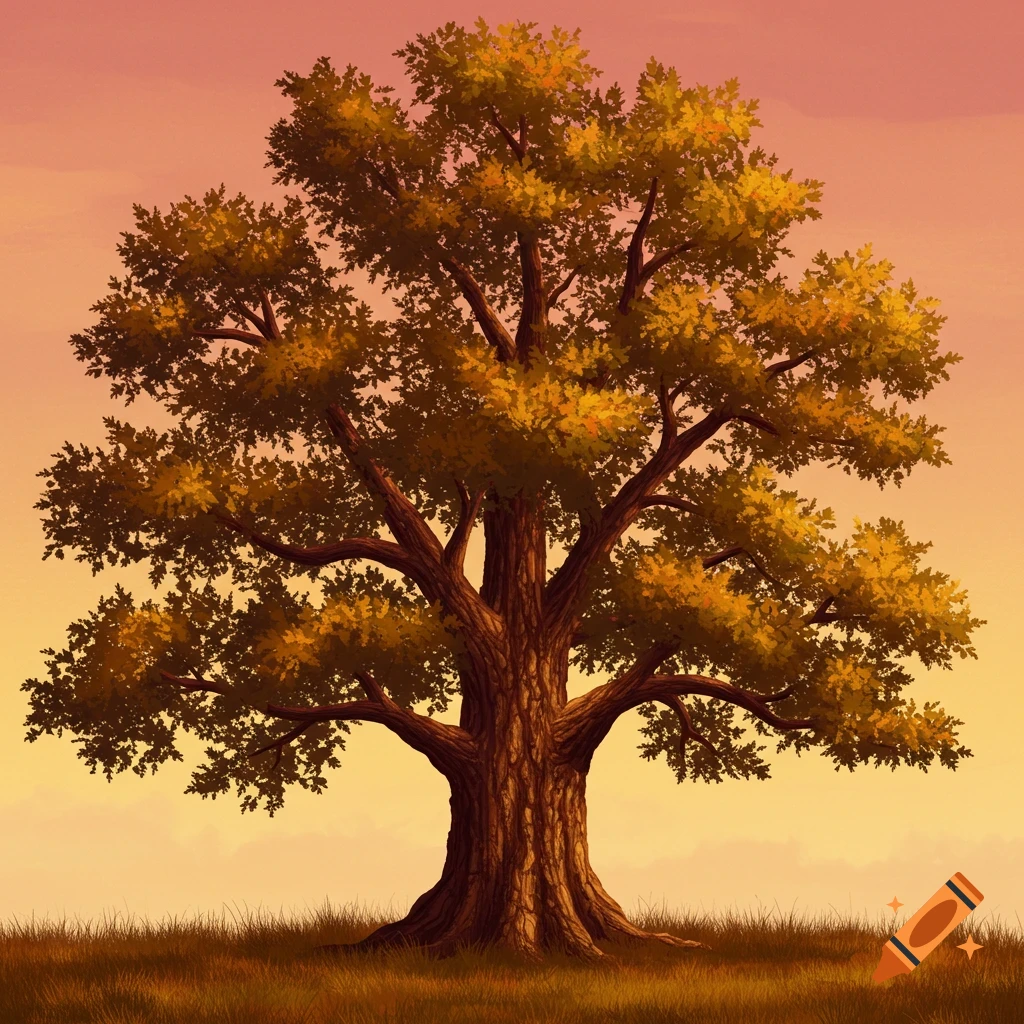 A large tree in a field against a colorful sky