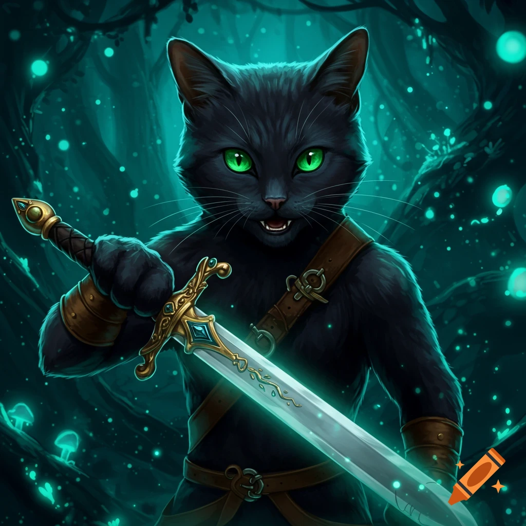 A black cat with glowing green eyes holds a sword in a mystical forest with glowing mushrooms.
