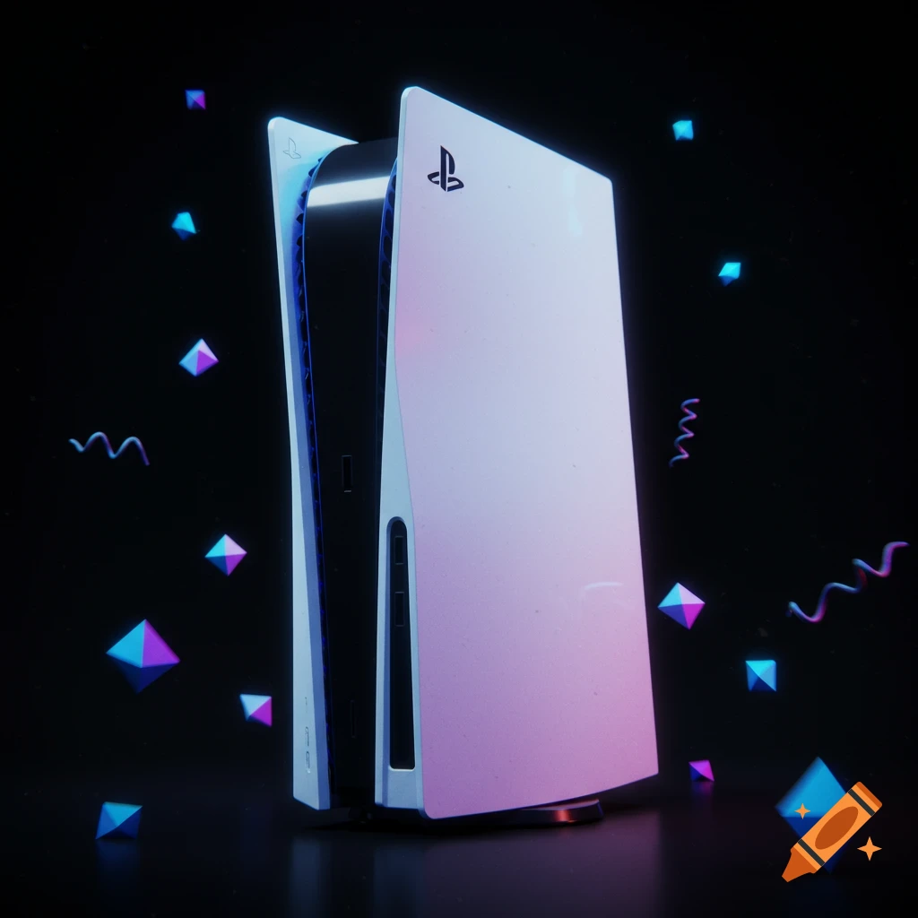 A PlayStation 5 console is surrounded by abstract shapes on a dark background.