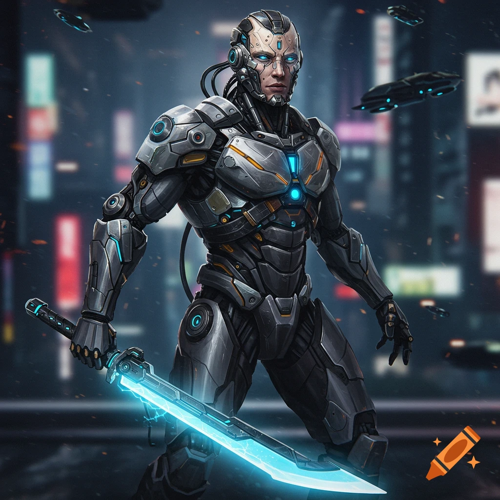 A mecha cyborg warrior stands in a futuristic city, holding a glowing sword.
