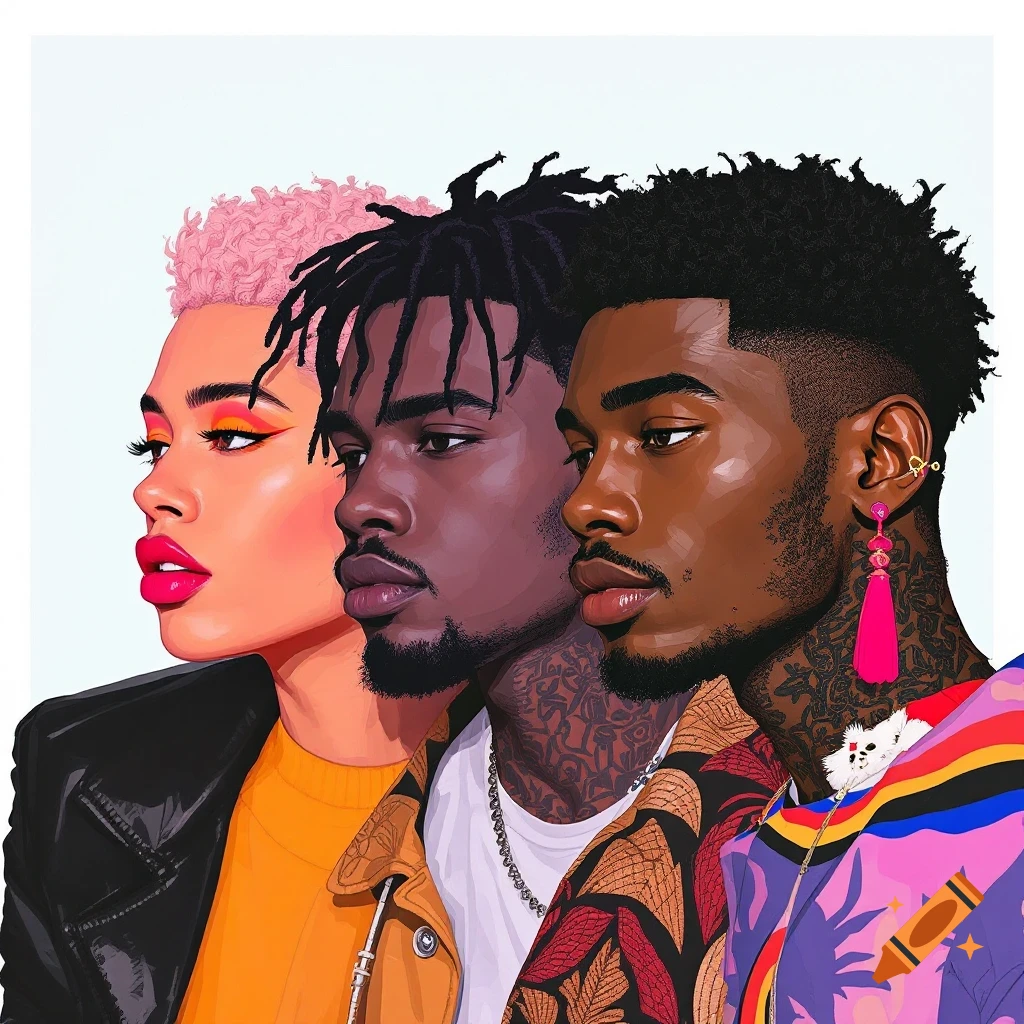 Painting of three stylish people with distinctive hair and clothing.