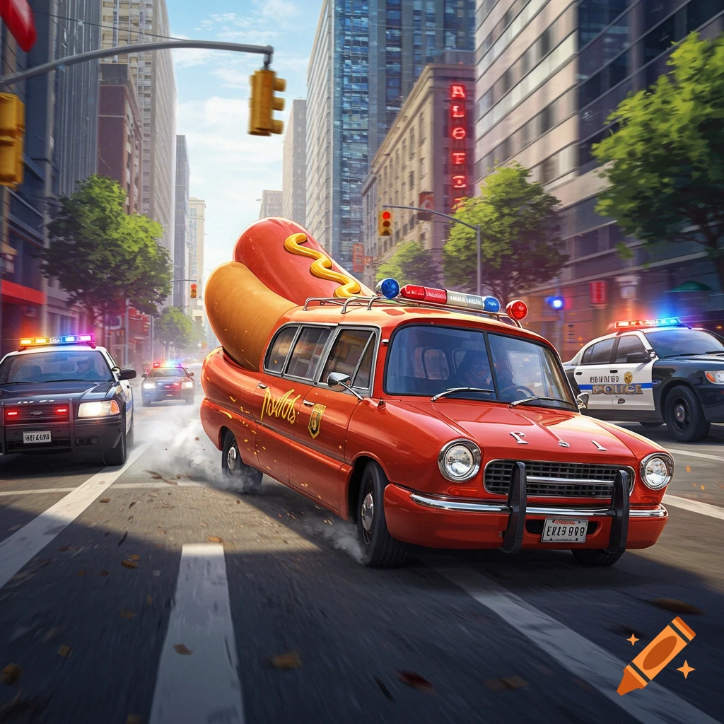 Red hot dog car chased by police cars in a city street.