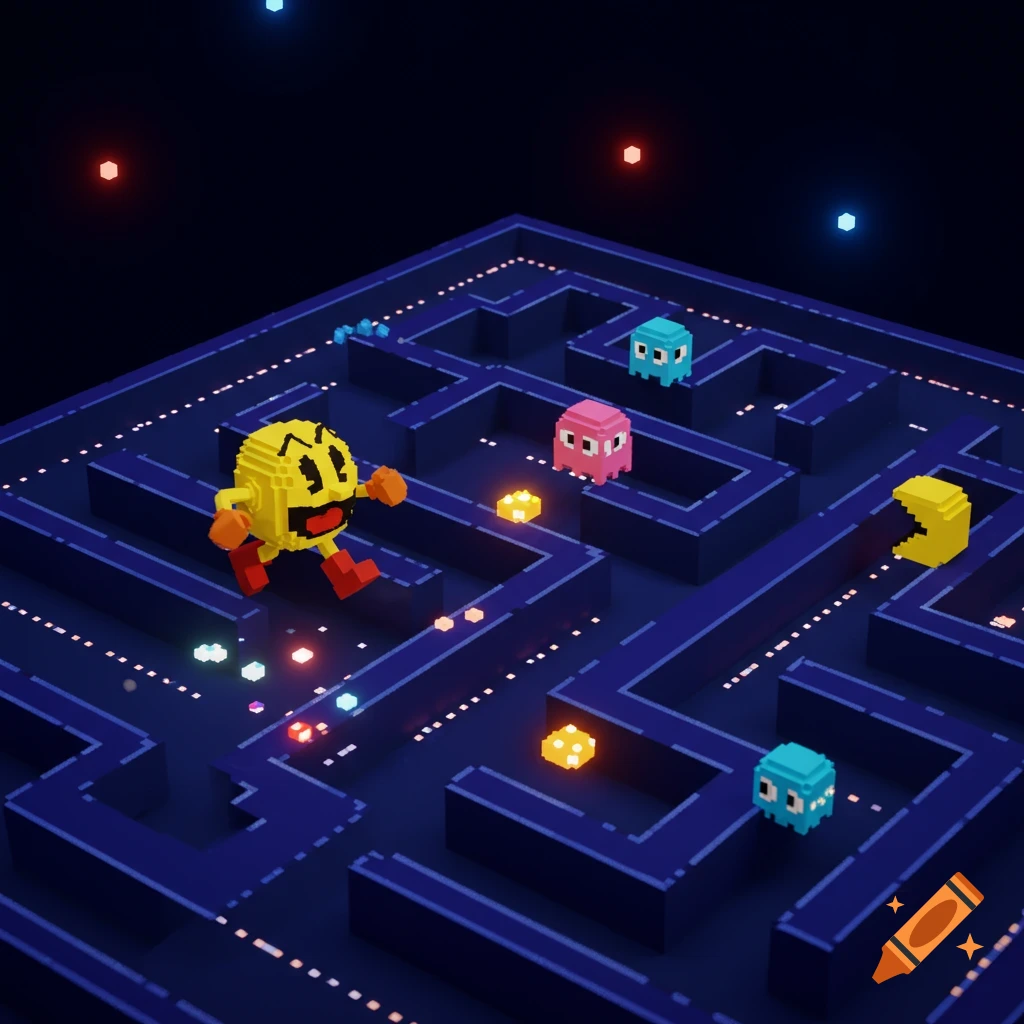 Voxel style render of Pac-Man running through a dark blue maze with ghosts and pellets