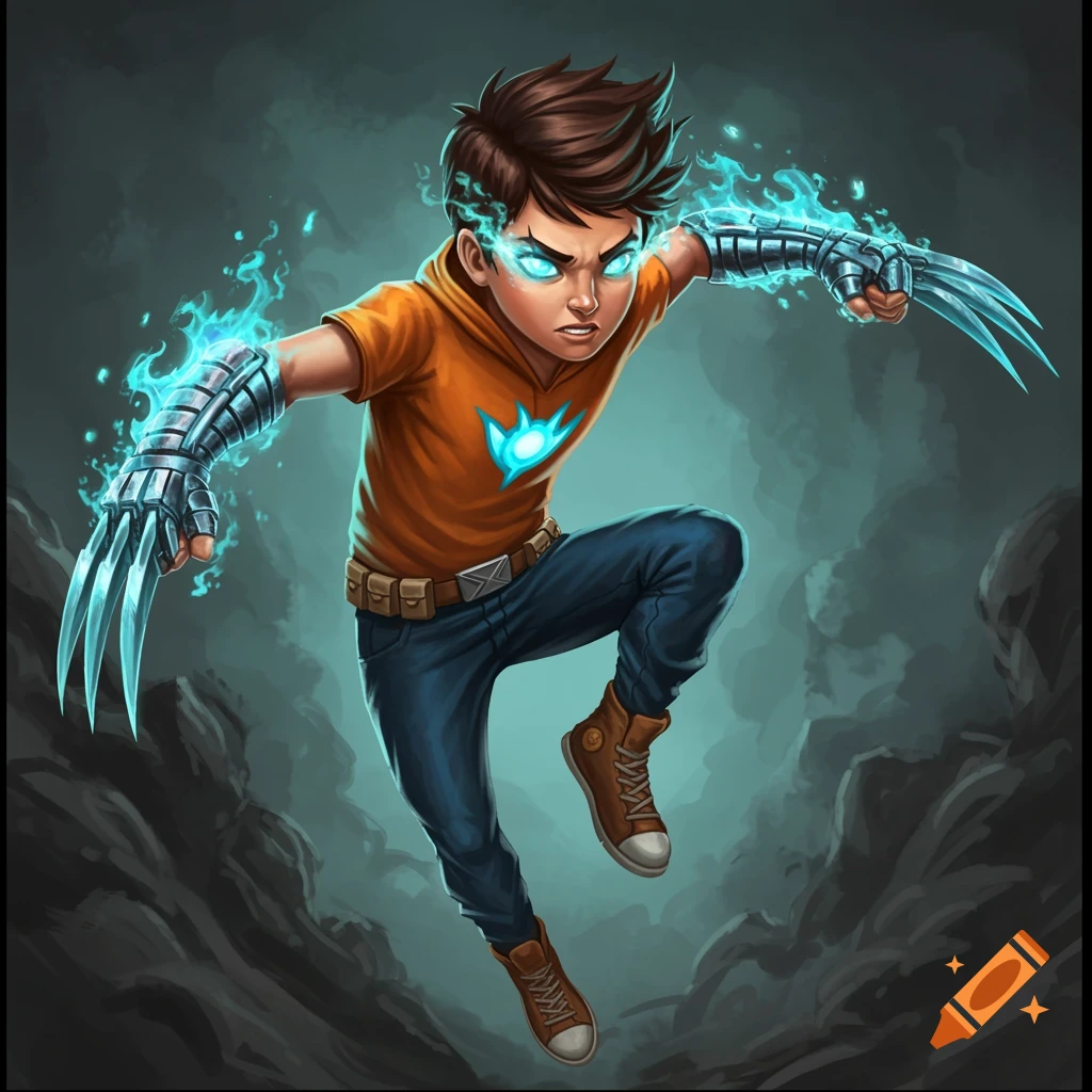 A superhero boy with glowing blue eyes and metal claws, jumping.